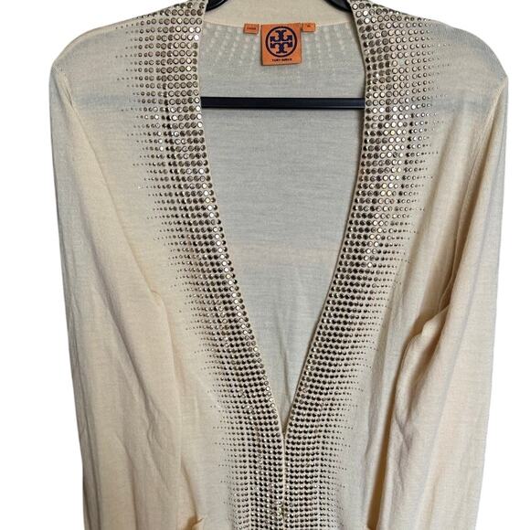 Tory Burch Gaugino Sweater Cardigan Wool Studded Open Front Beige Gold Size XL - Picture 3 of 13